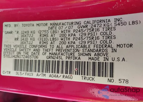 2007 Toyota Tacoma Base V6 from USA, damaged, VIN 5TELU42N17Z465706